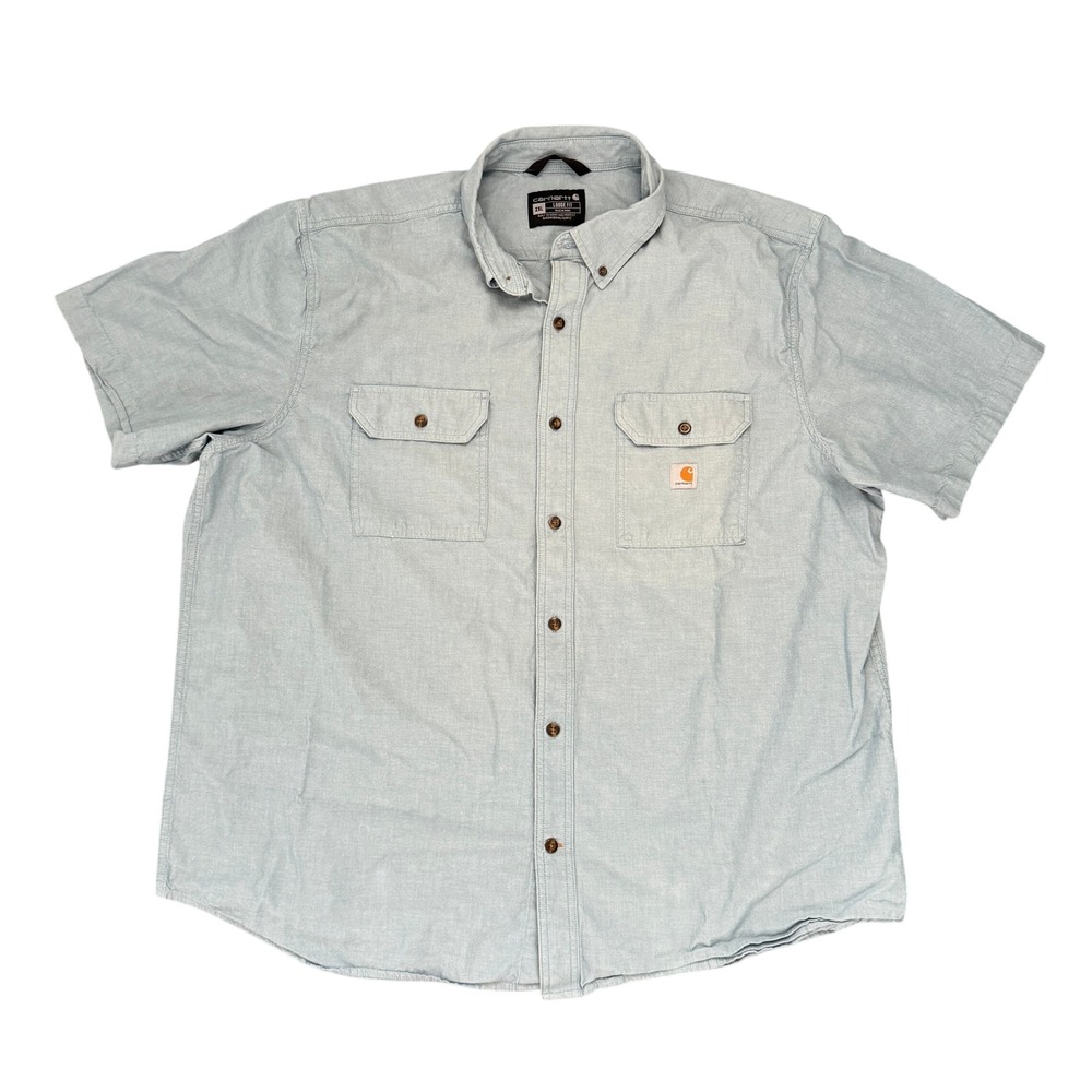 Carhartt Mens 2XL Loose Fit Short Sleeve Button Down Shirt Light Blue Workwear